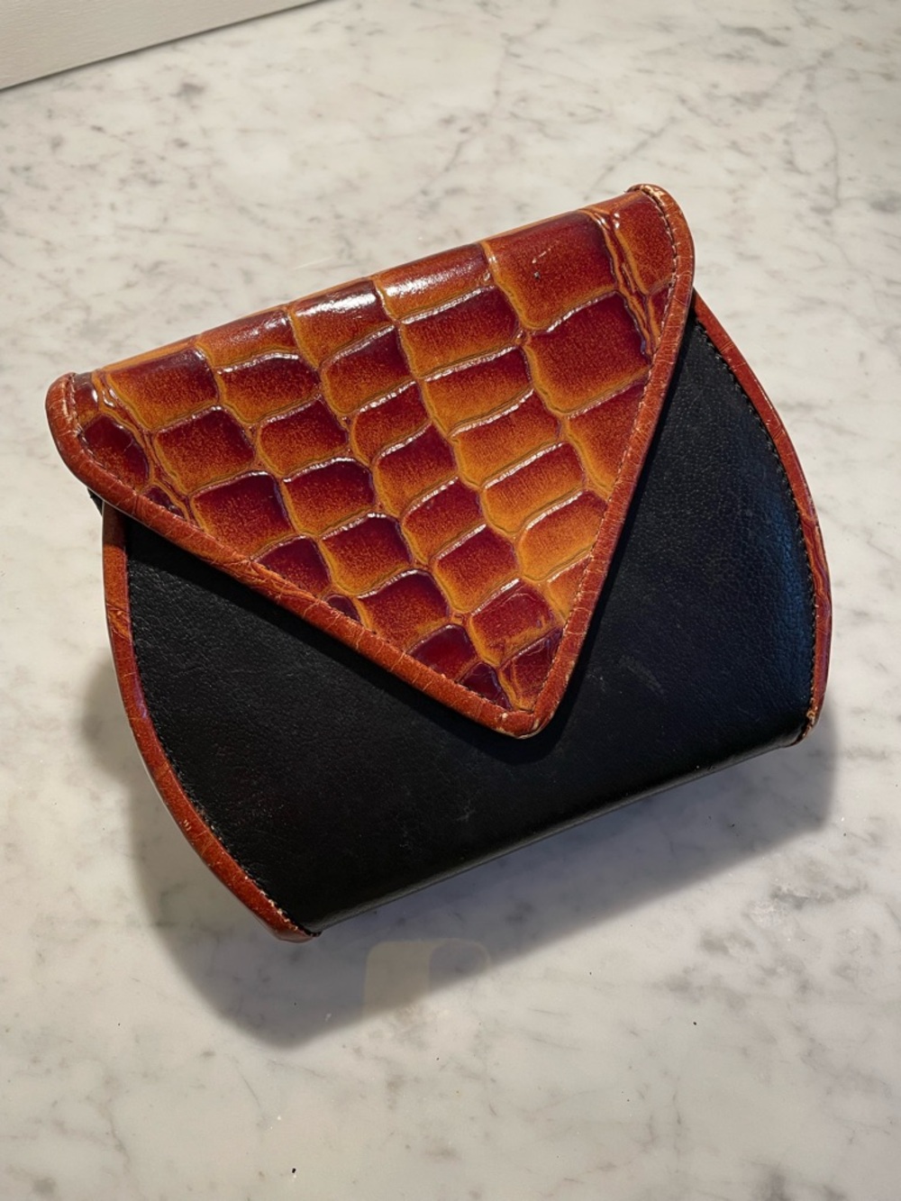 Two-Tone Black and Cognac Croc-Embossed Leather Clutch Purse
